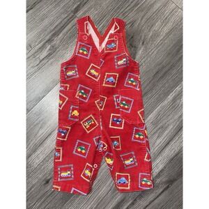 Vintage Health-Tex Baby Red Corduroy Overalls Cars, Trains Print‎ Size 6 Months